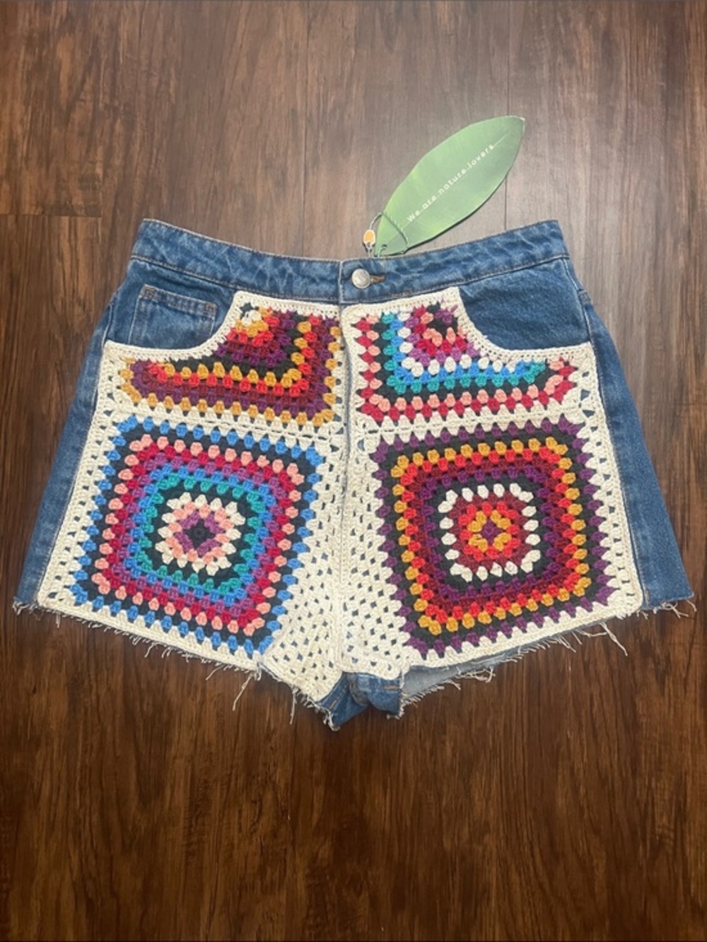 NWT Farm Rio High Waist Crochet Frayed cotton Denim Shorts, Size L